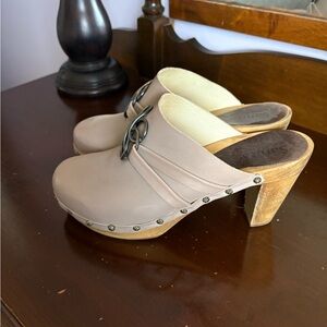 Sanita Taupe Leather Clogs with Metal Accents